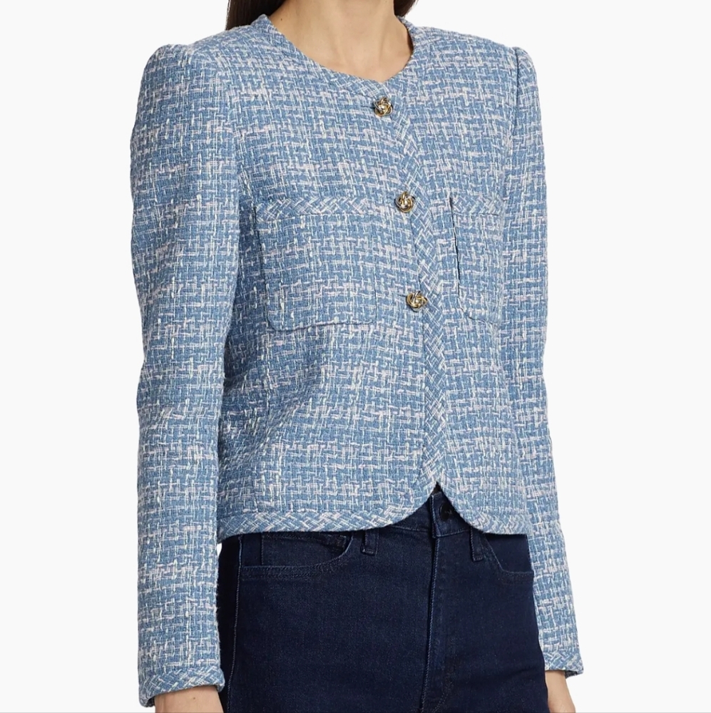Derek Lam 10 Crosby Emilia Tweed Collarless Jacket – Cobalt Multi | Cropped - Picture 4 of 6
